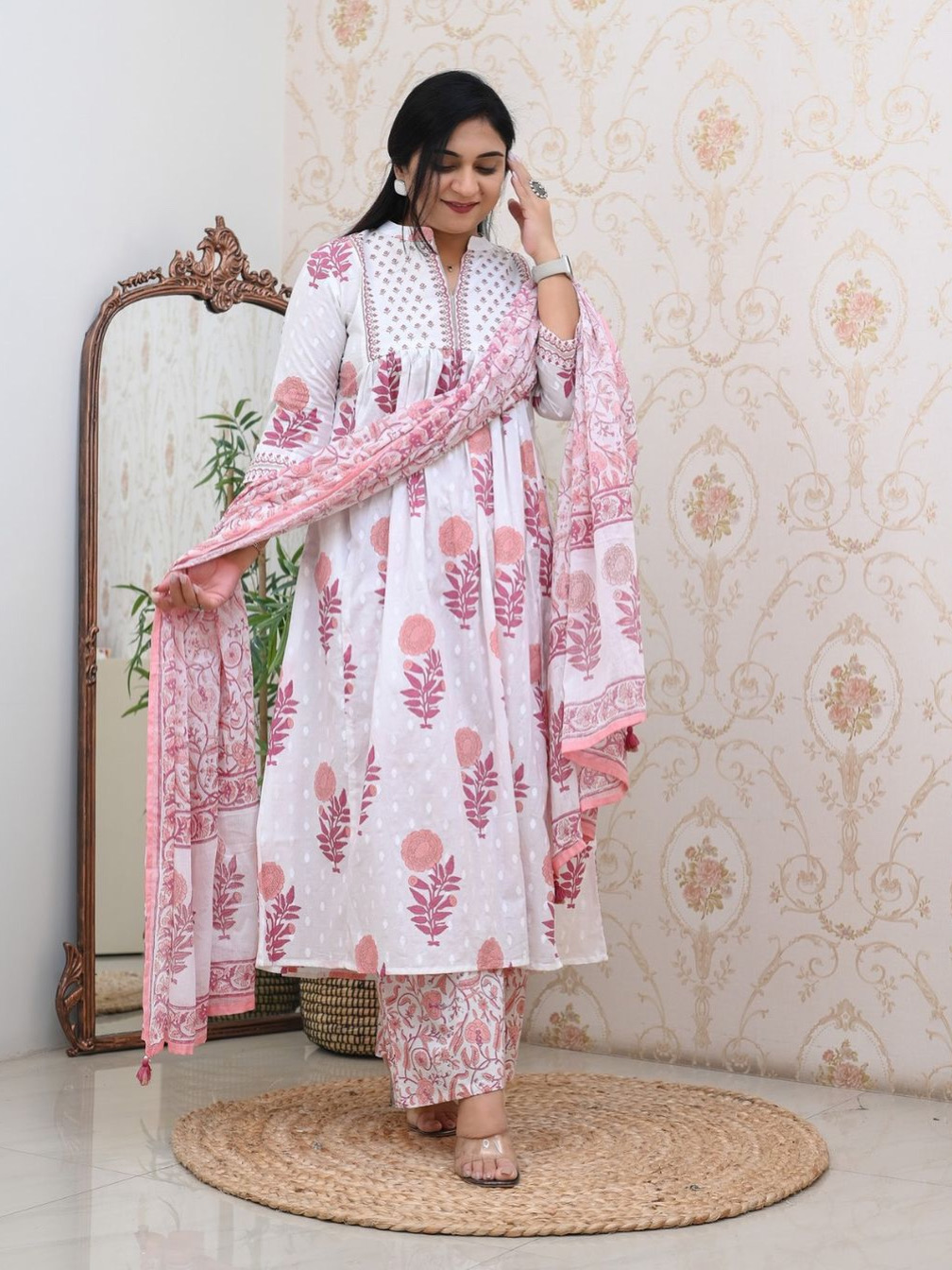 Pink White Color Heavy Fine Cotton Suit Full Flaired Block Print With Embroidery & Pant Dupatta Set