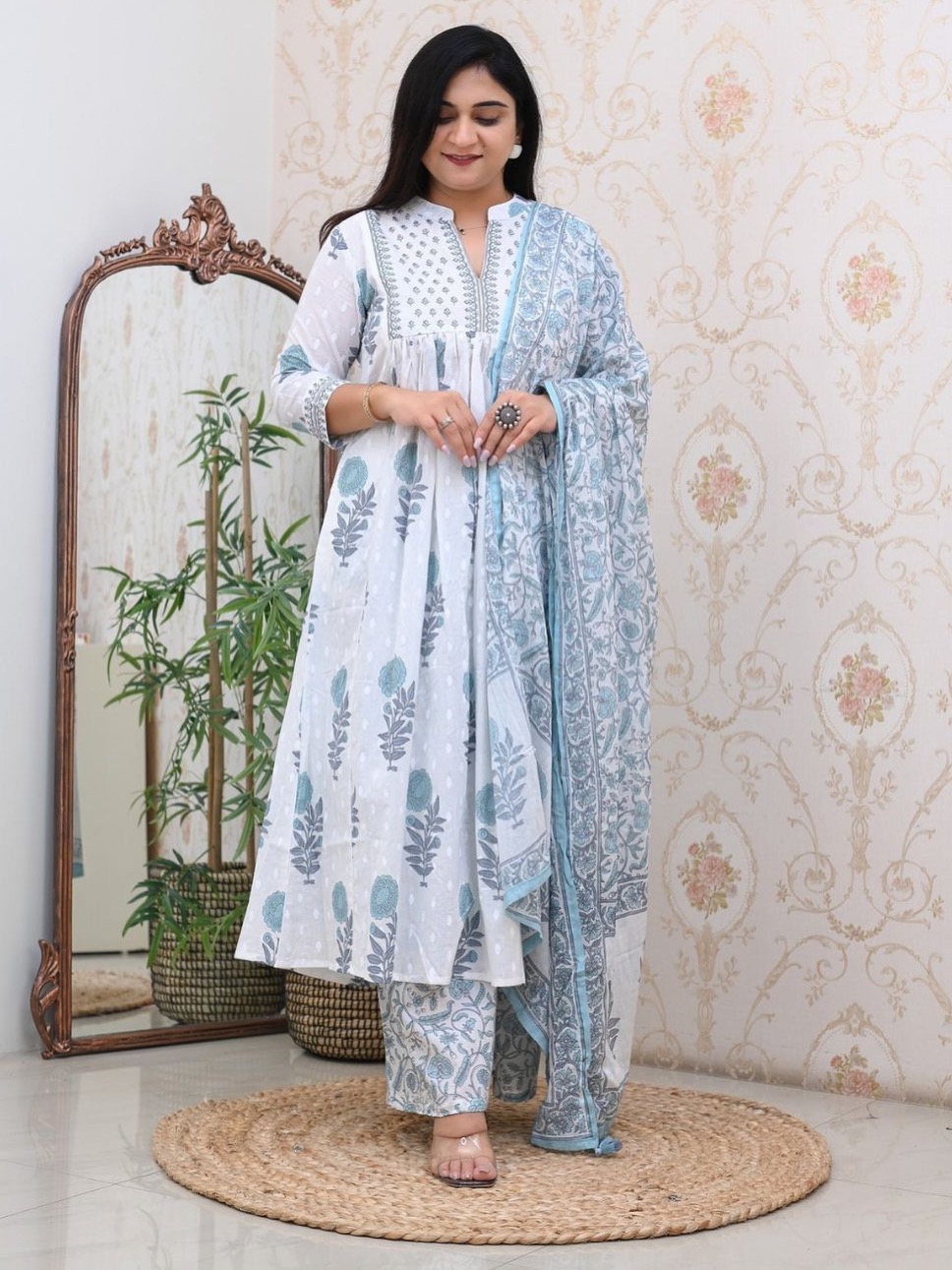 Blue White Color Heavy Fine Cotton Suit Full Flaired Block Print With Embroidery & Pant Dupatta Set