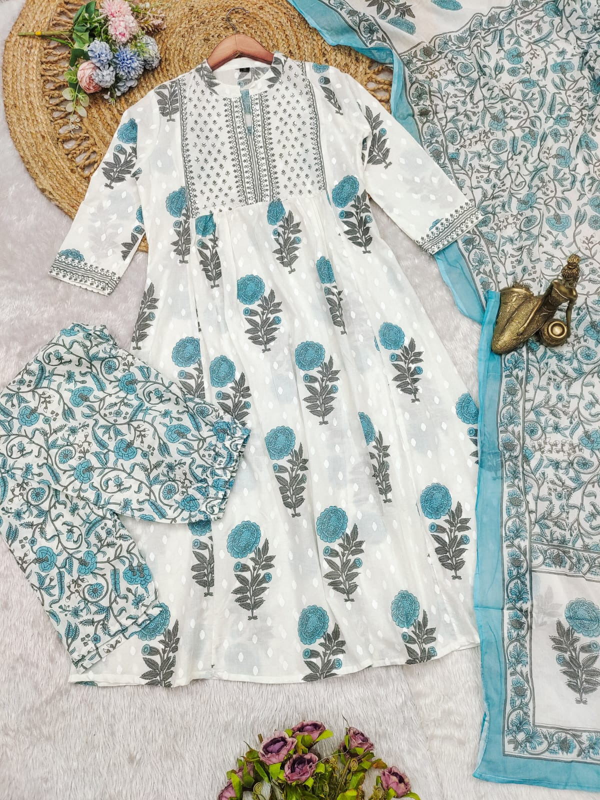 Blue White Color Heavy Fine Cotton Suit Full Flaired Block Print With Embroidery & Pant Dupatta Set