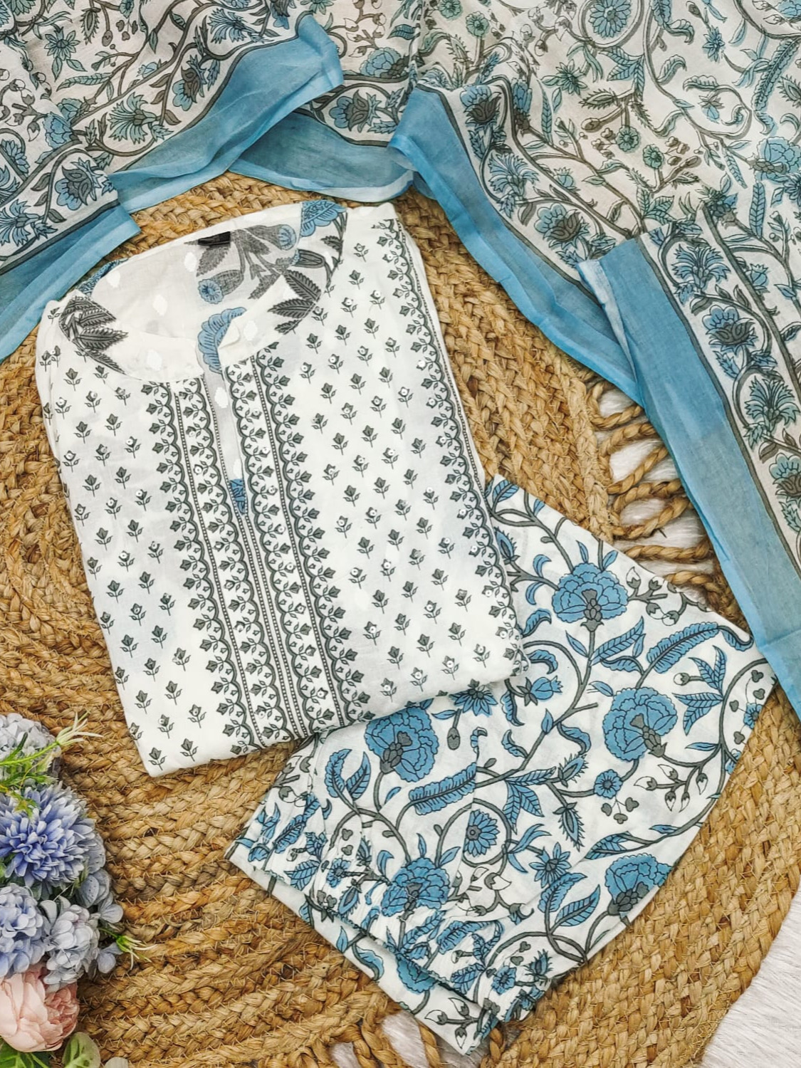 Blue White Color Heavy Fine Cotton Suit Full Flaired Block Print With Embroidery & Pant Dupatta Set