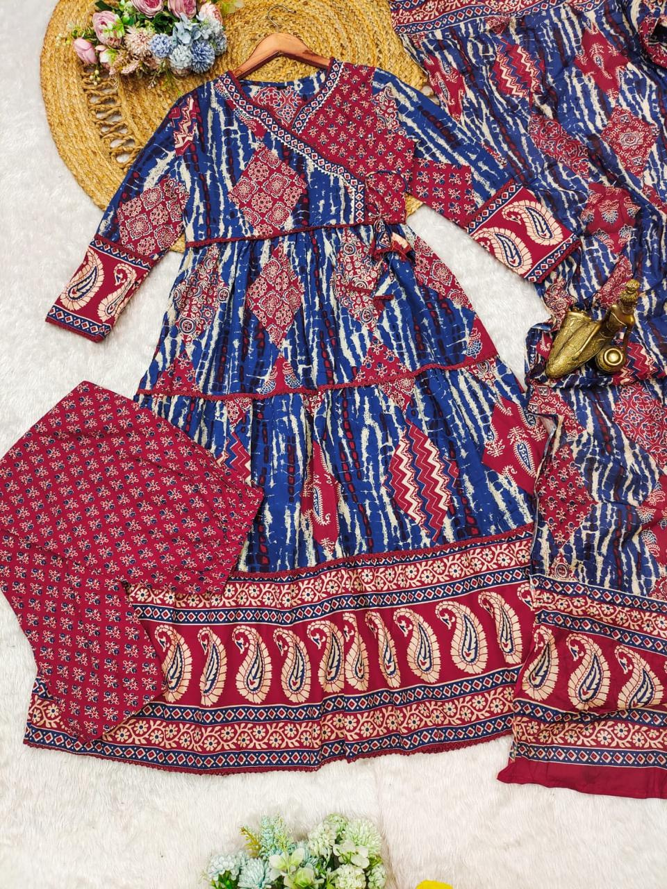 Multi Color Blue Heavy Fine Cotton Suit Set Full Flaired Block Print With Pant & Dupatta Set