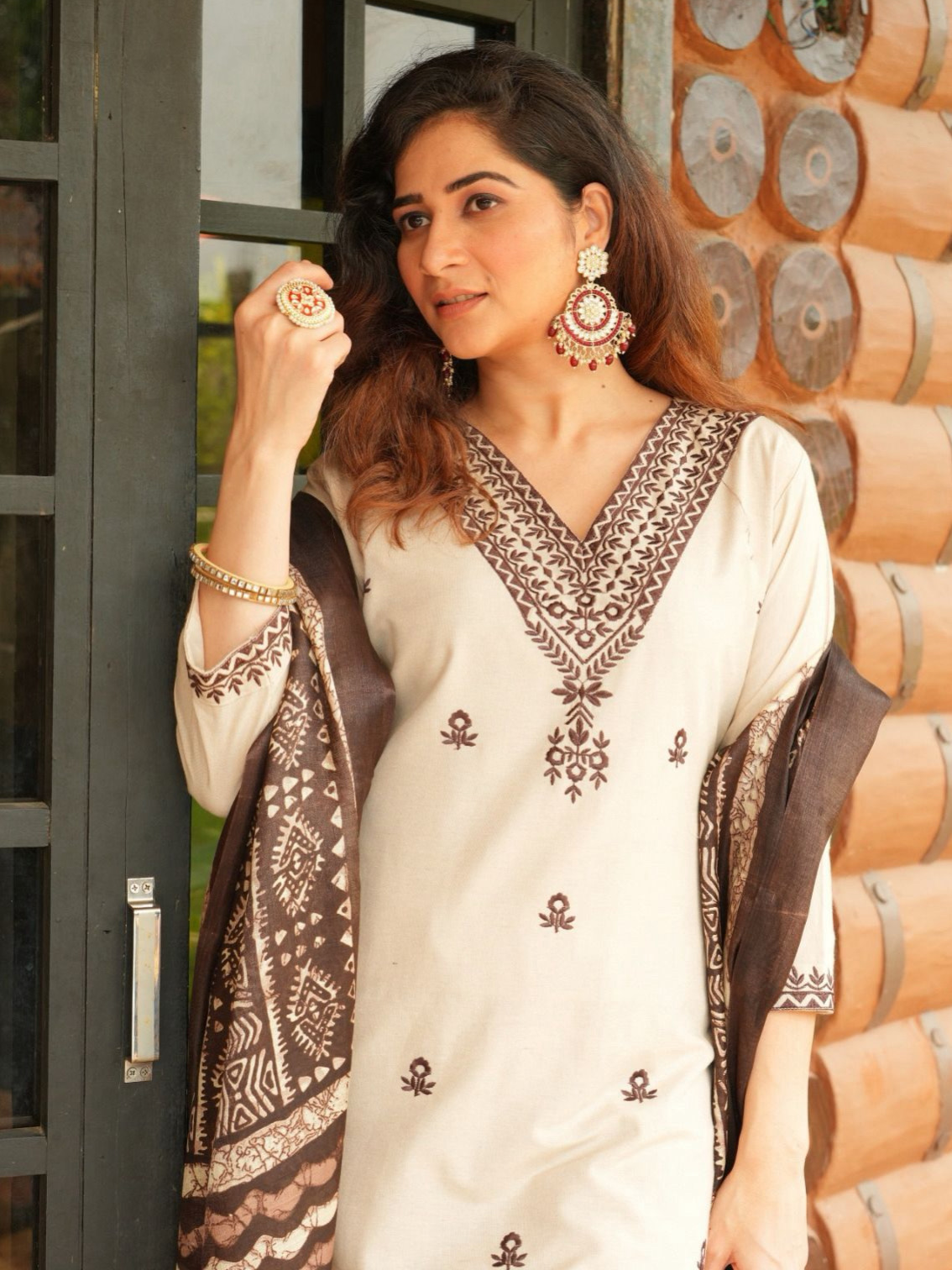 Heavy Khadi Cotton Kurta Pant With Beautiful Embroidery & Bhagalpuri Khadi Print Dupatta