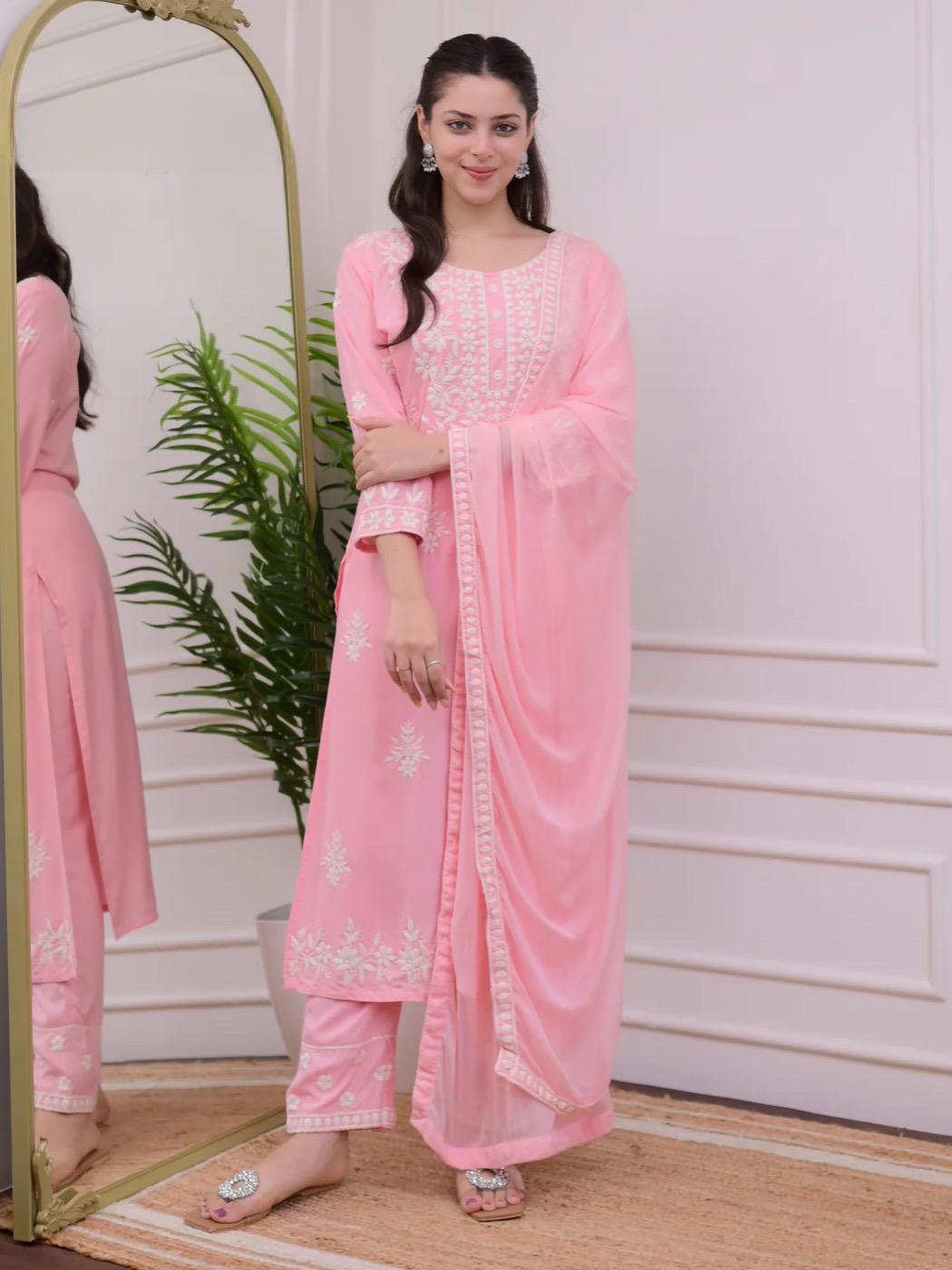 Baby Pink Color Lucknowi Chinkari Embroidery White Work Heavy Rayon Kurta Set With Plazo Dupatta