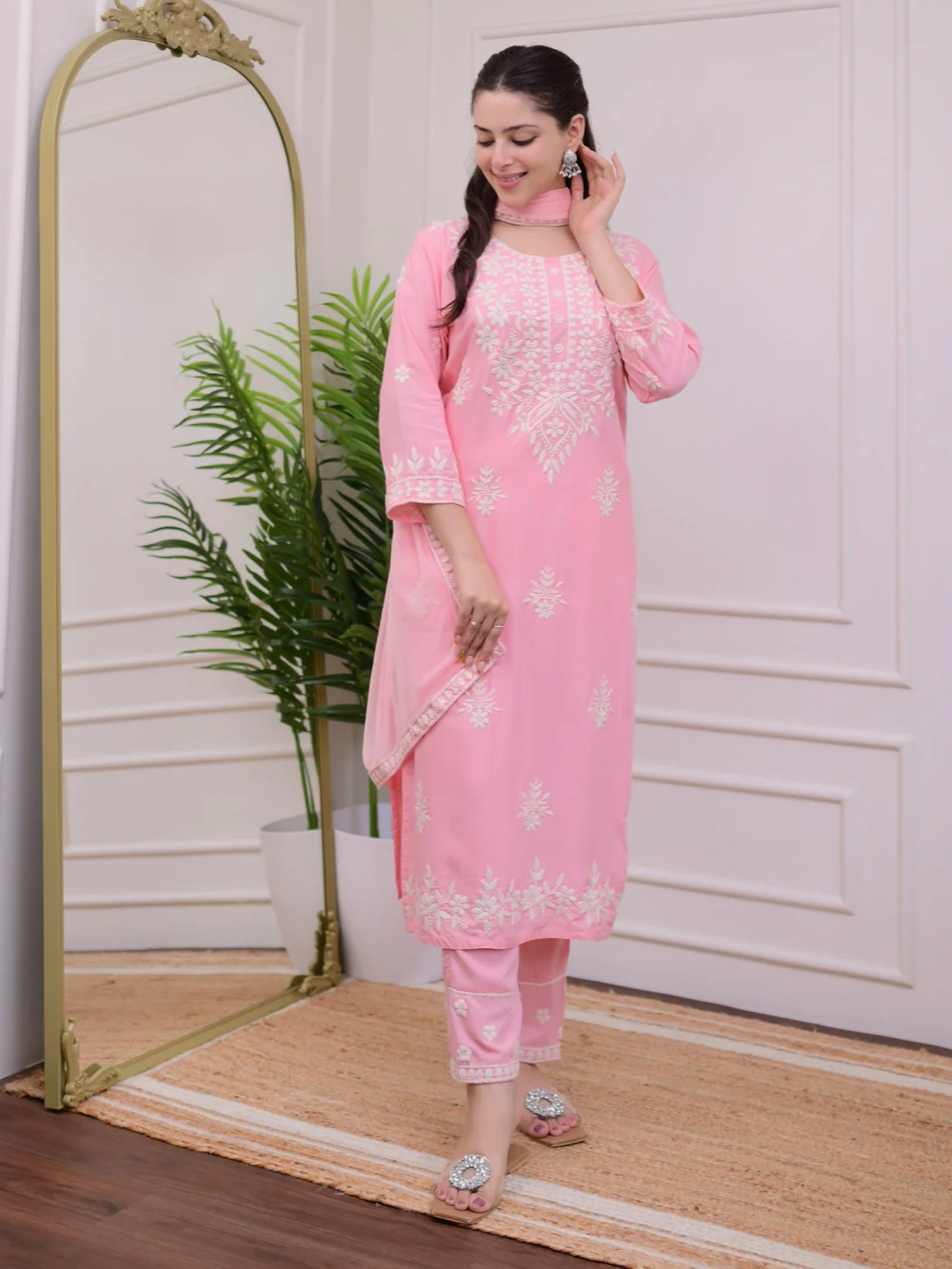 Baby Pink Color Lucknowi Chinkari Embroidery White Work Heavy Rayon Kurta Set With Plazo Dupatta