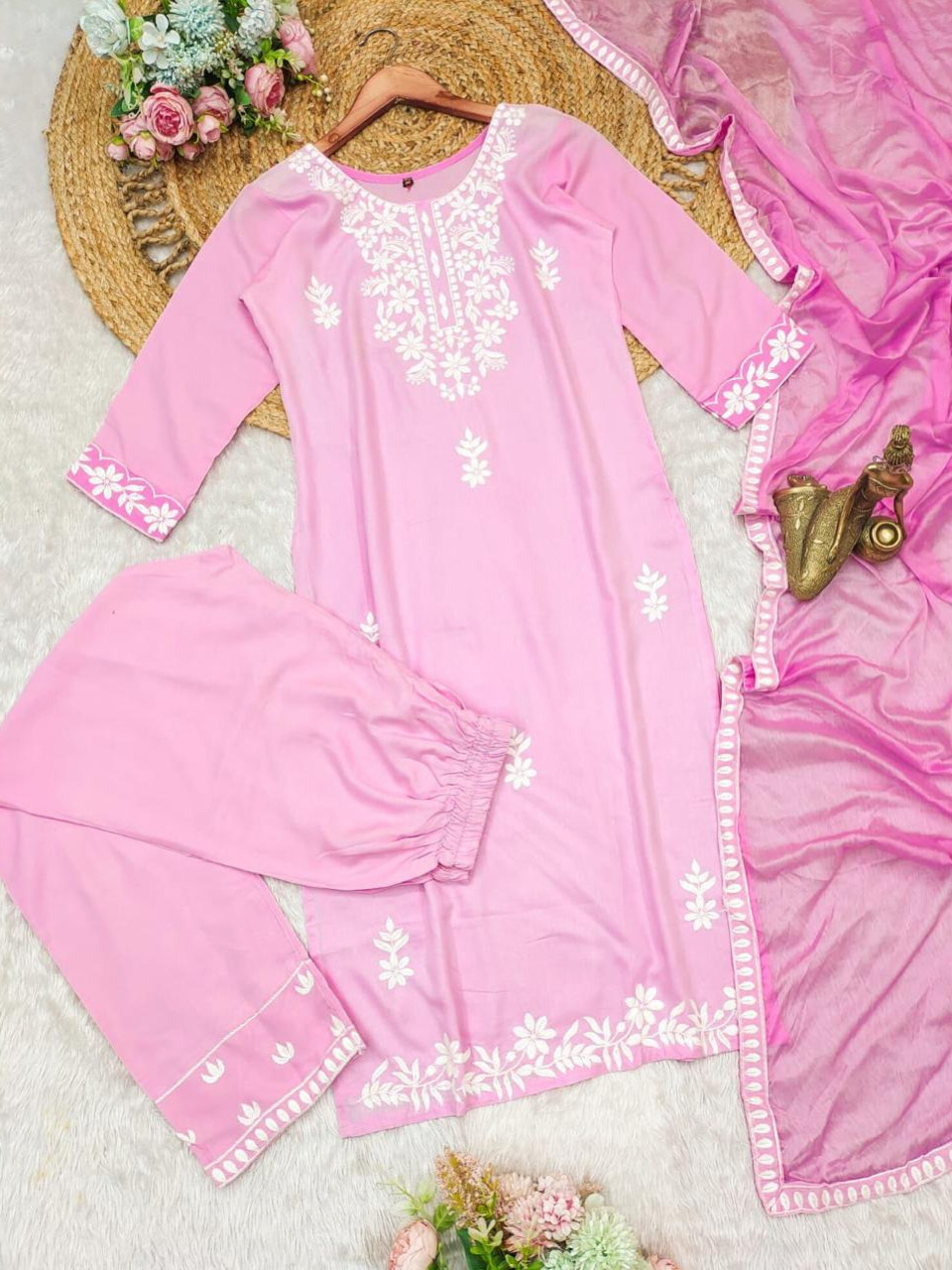 Baby Pink Color Lucknowi Chinkari Embroidery White Work Heavy Rayon Kurta Set With Plazo Dupatta