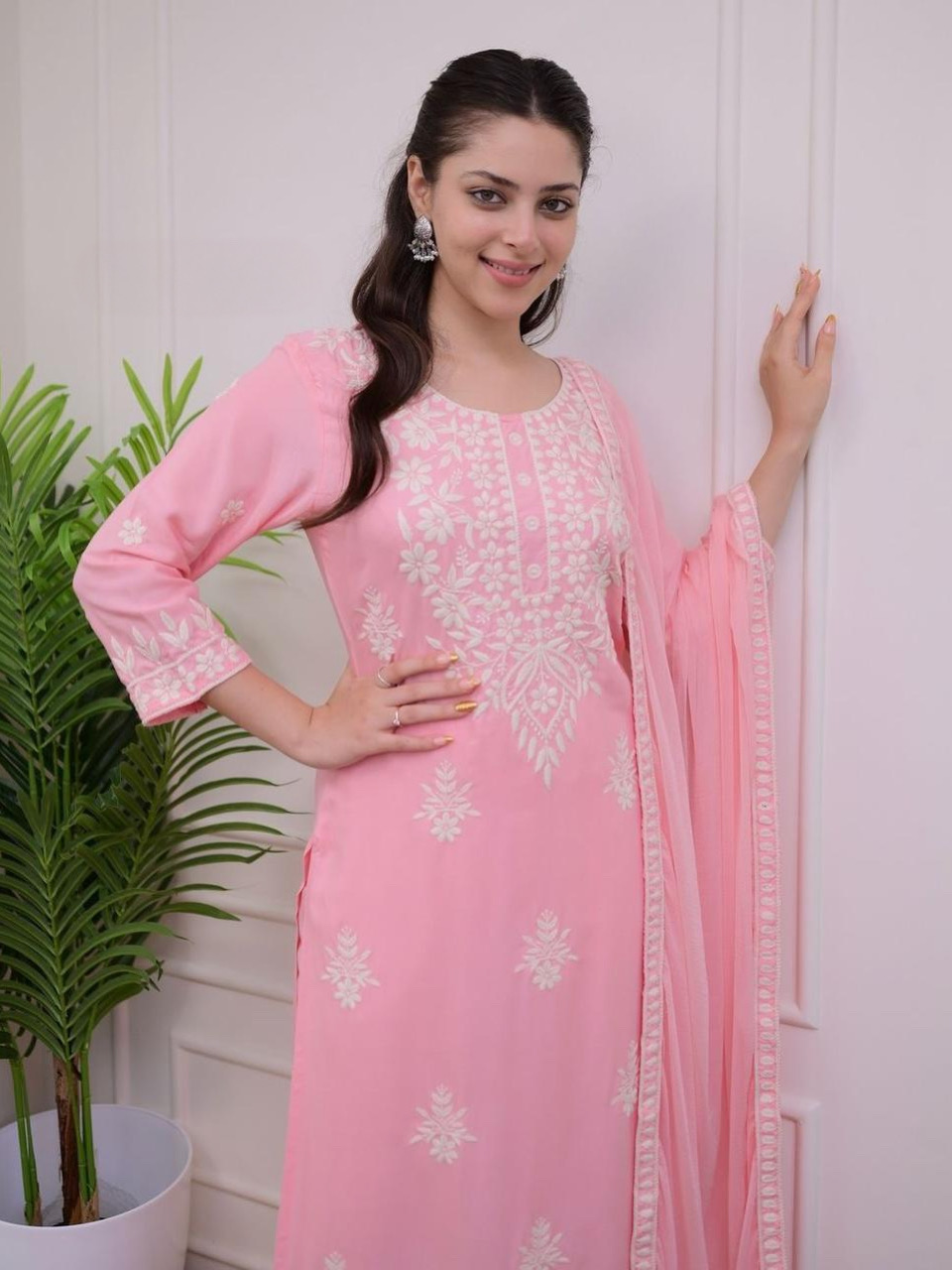 Baby Pink Color Lucknowi Chinkari Embroidery White Work Heavy Rayon Kurta Set With Plazo Dupatta