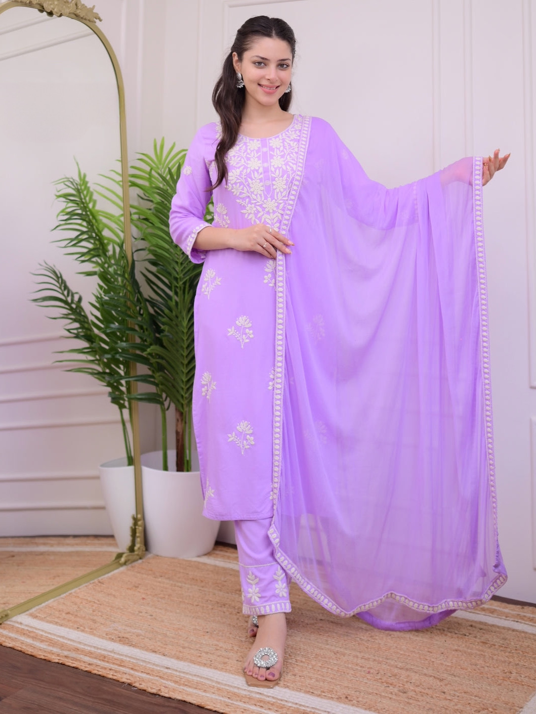 Lilac Purple Color Lucknowi Chinkari Embroidery White Work Heavy Rayon Kurta Set With Plazo Dupatta