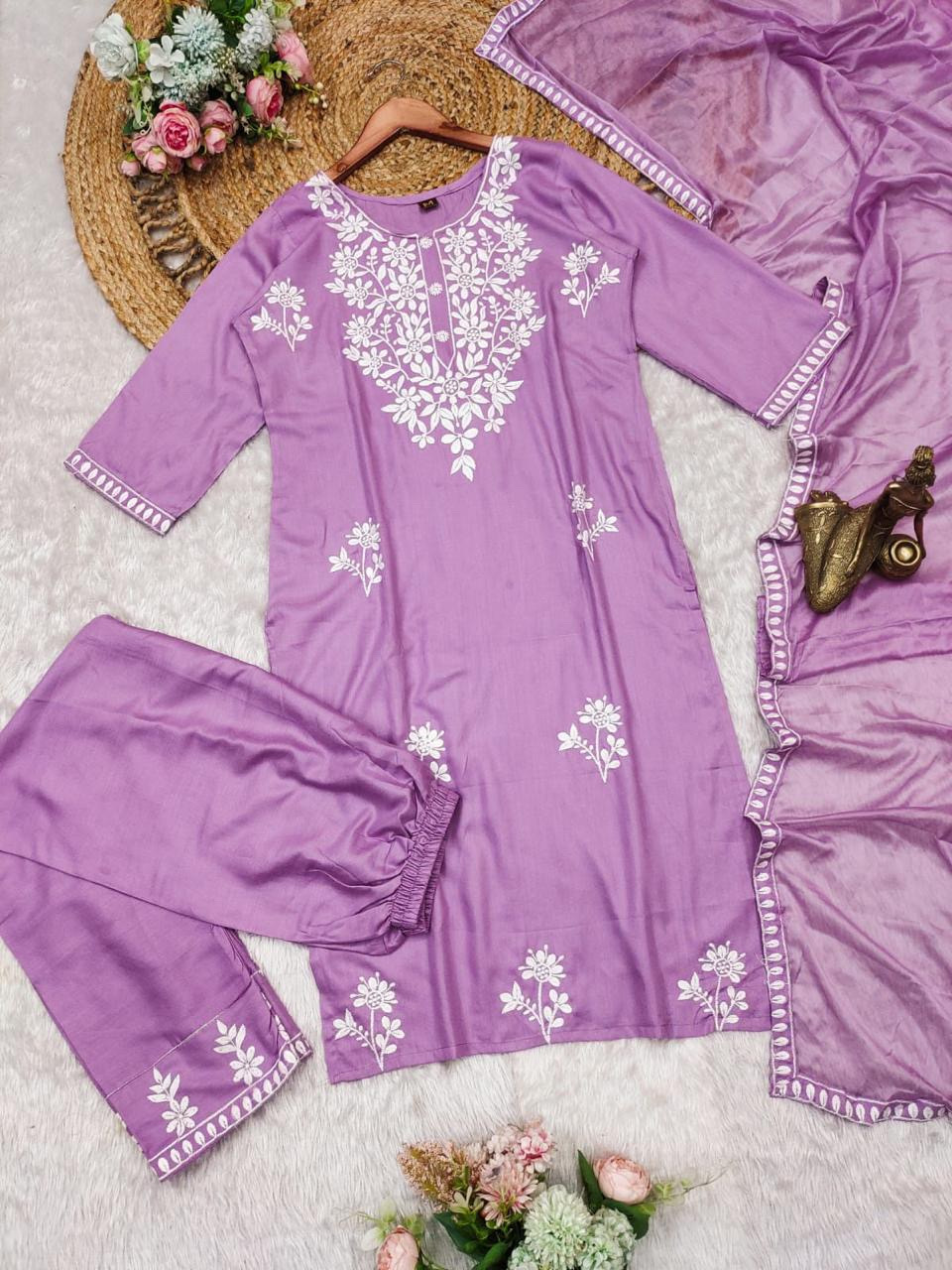 Lilac Purple Color Lucknowi Chinkari Embroidery White Work Heavy Rayon Kurta Set With Plazo Dupatta