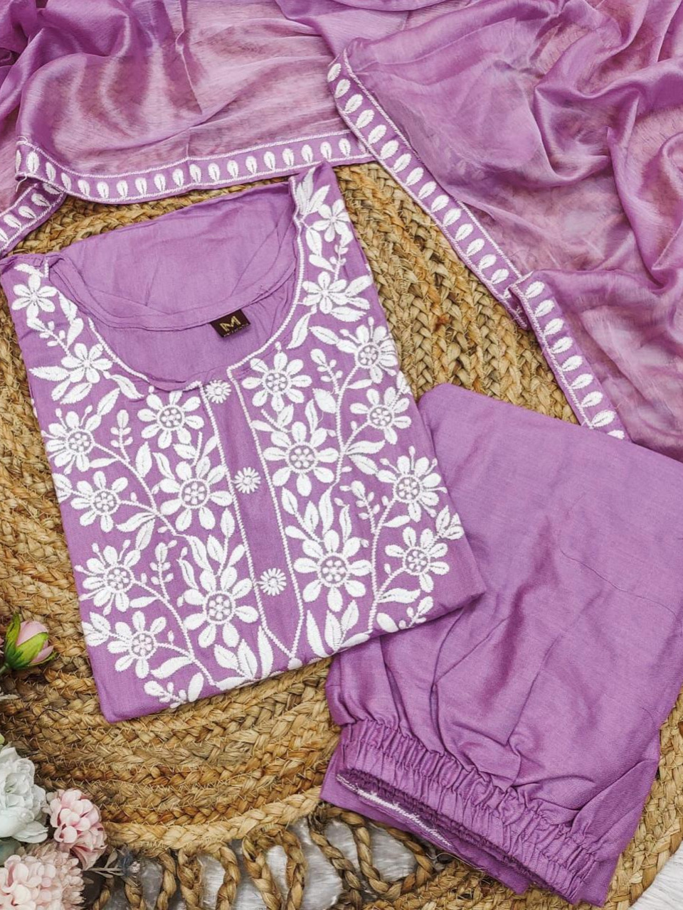 Lilac Purple Color Lucknowi Chinkari Embroidery White Work Heavy Rayon Kurta Set With Plazo Dupatta