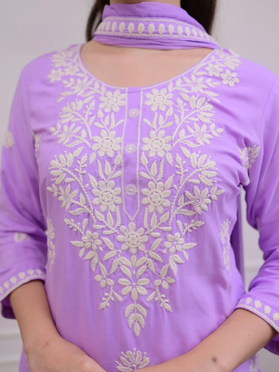 Lilac Purple Color Lucknowi Chinkari Embroidery White Work Heavy Rayon Kurta Set With Plazo Dupatta