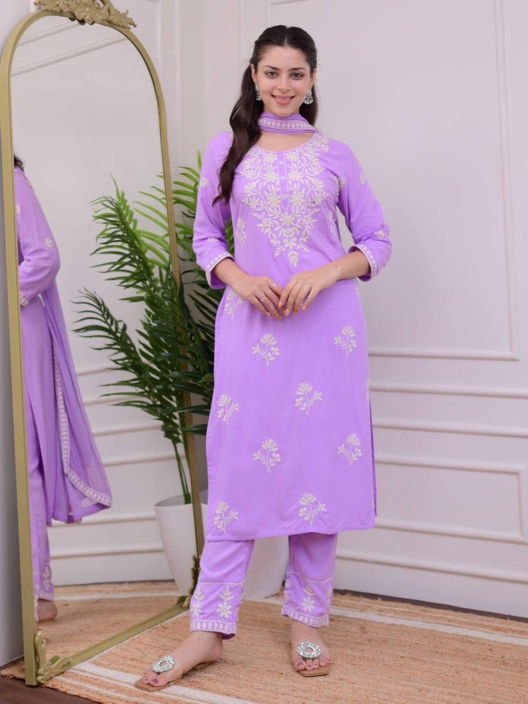 Lilac Purple Color Lucknowi Chinkari Embroidery White Work Heavy Rayon Kurta Set With Plazo Dupatta