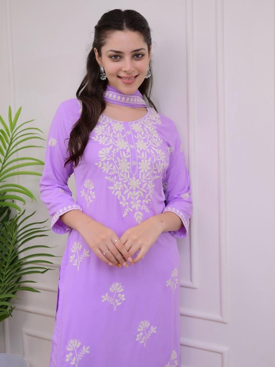 Lilac Purple Color Lucknowi Chinkari Embroidery White Work Heavy Rayon Kurta Set With Plazo Dupatta