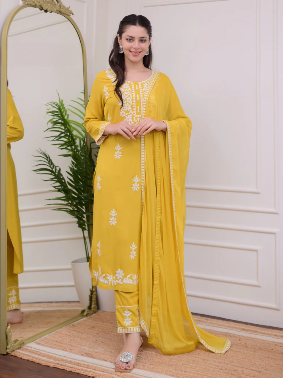 Mustard Yellow Color Lucknowi Chinkari Embroidery White Work Heavy Rayon Kurta Set With Plazo Dupatta