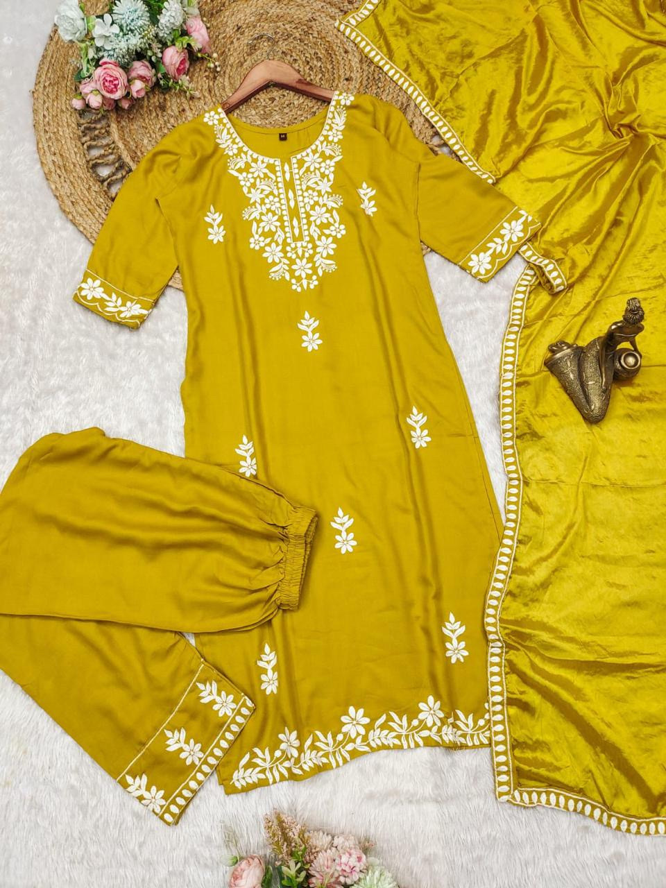 Mustard Yellow Color Lucknowi Chinkari Embroidery White Work Heavy Rayon Kurta Set With Plazo Dupatta