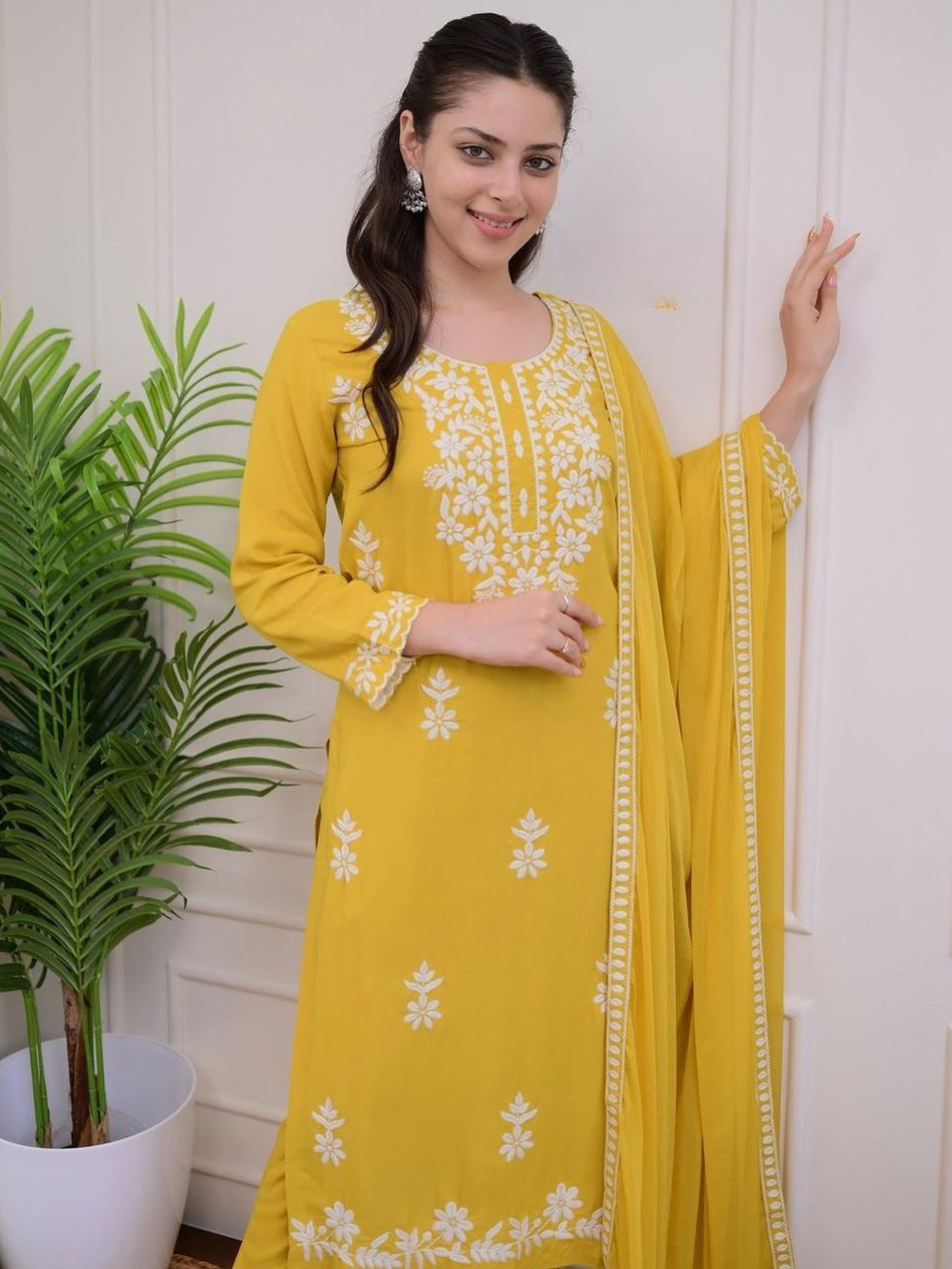 Mustard Yellow Color Lucknowi Chinkari Embroidery White Work Heavy Rayon Kurta Set With Plazo Dupatta