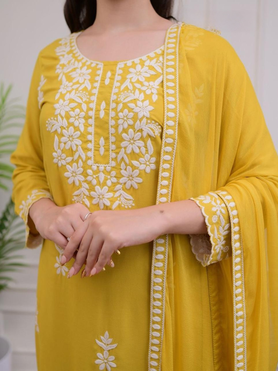 Mustard Yellow Color Lucknowi Chinkari Embroidery White Work Heavy Rayon Kurta Set With Plazo Dupatta