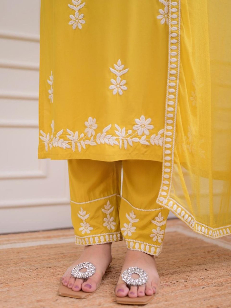 Mustard Yellow Color Lucknowi Chinkari Embroidery White Work Heavy Rayon Kurta Set With Plazo Dupatta