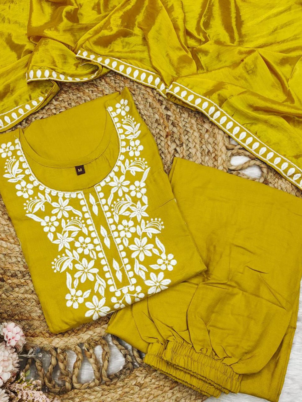 Mustard Yellow Color Lucknowi Chinkari Embroidery White Work Heavy Rayon Kurta Set With Plazo Dupatta