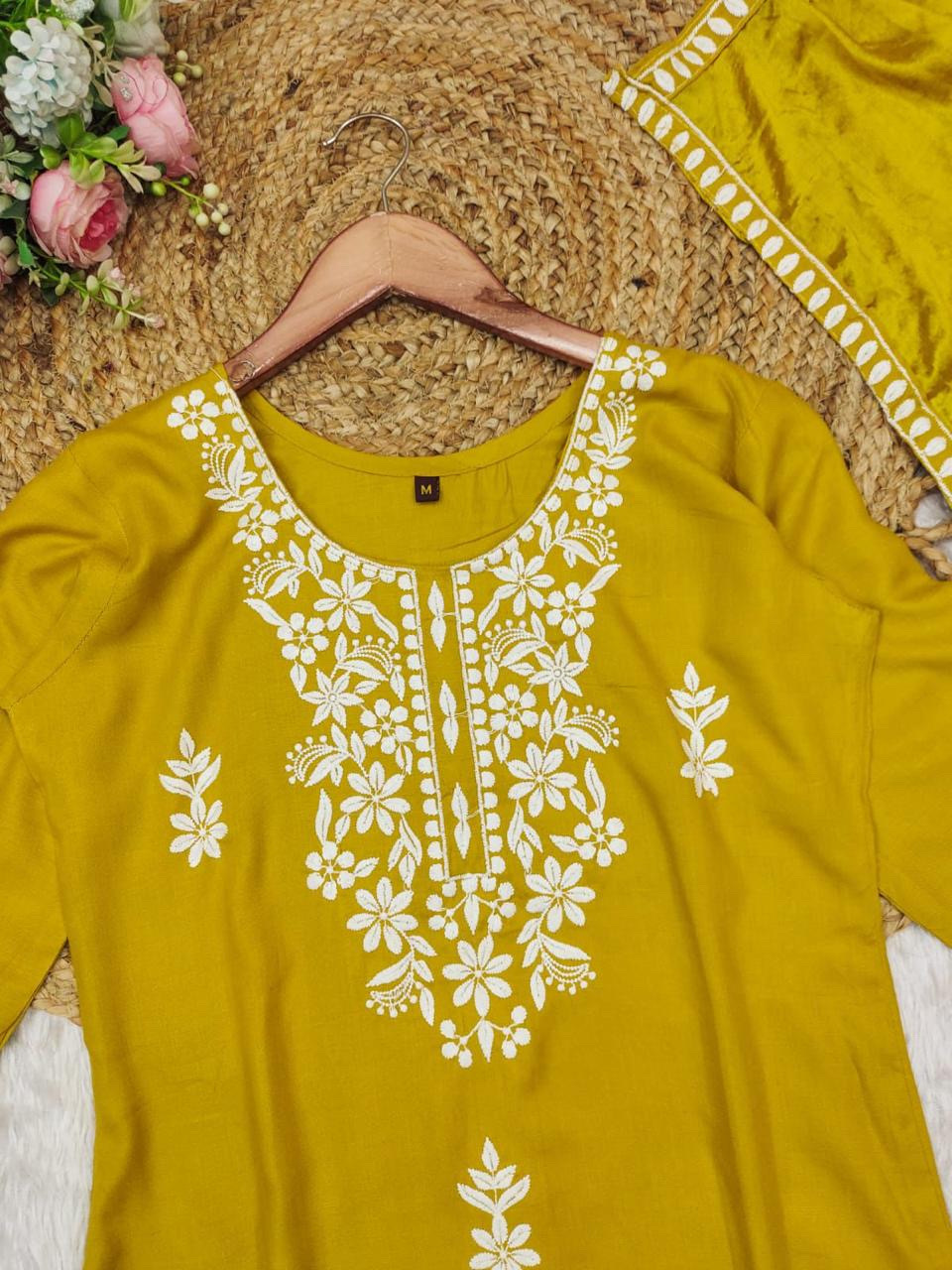 Mustard Yellow Color Lucknowi Chinkari Embroidery White Work Heavy Rayon Kurta Set With Plazo Dupatta