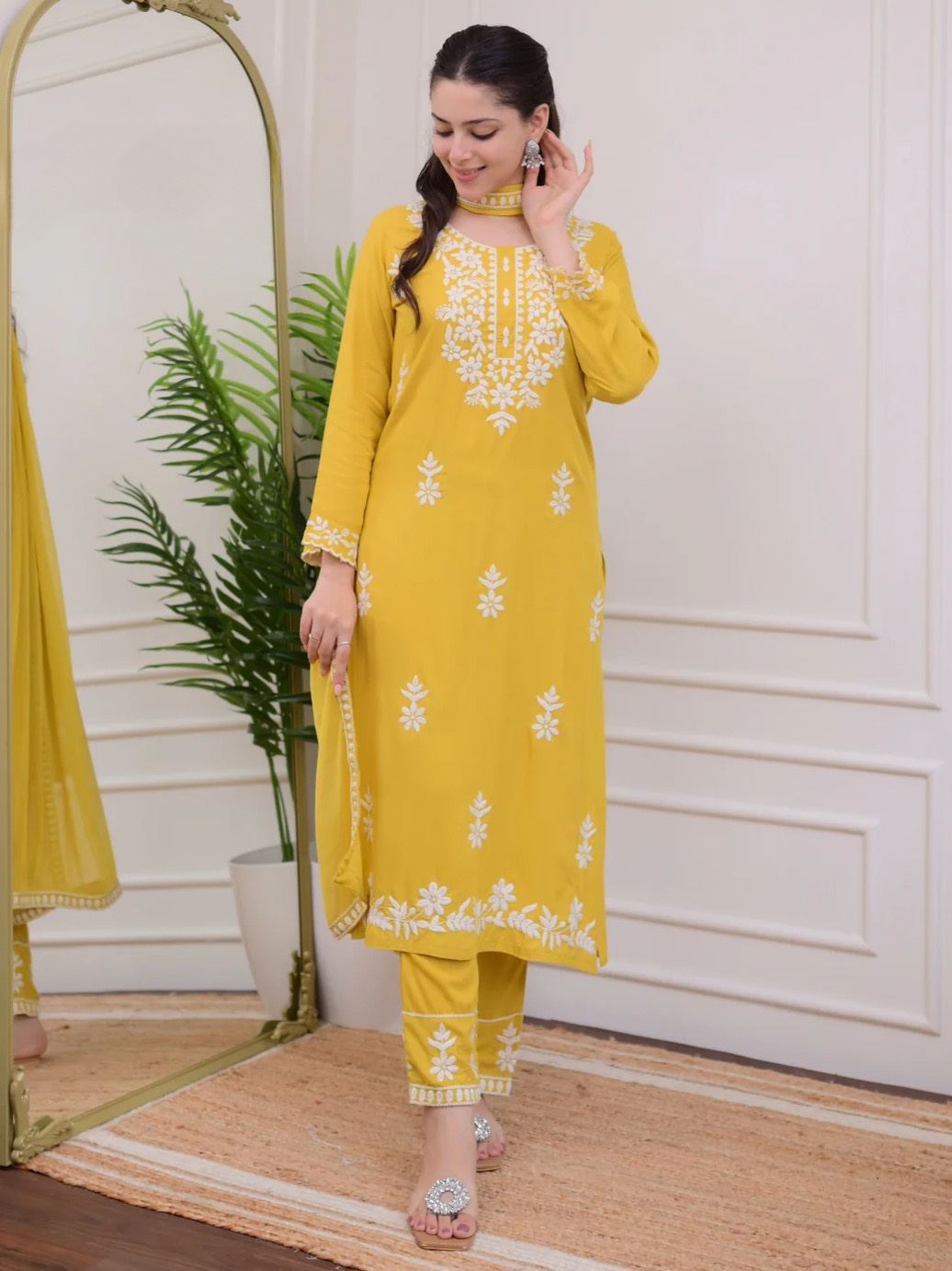 Mustard Yellow Color Lucknowi Chinkari Embroidery White Work Heavy Rayon Kurta Set With Plazo Dupatta