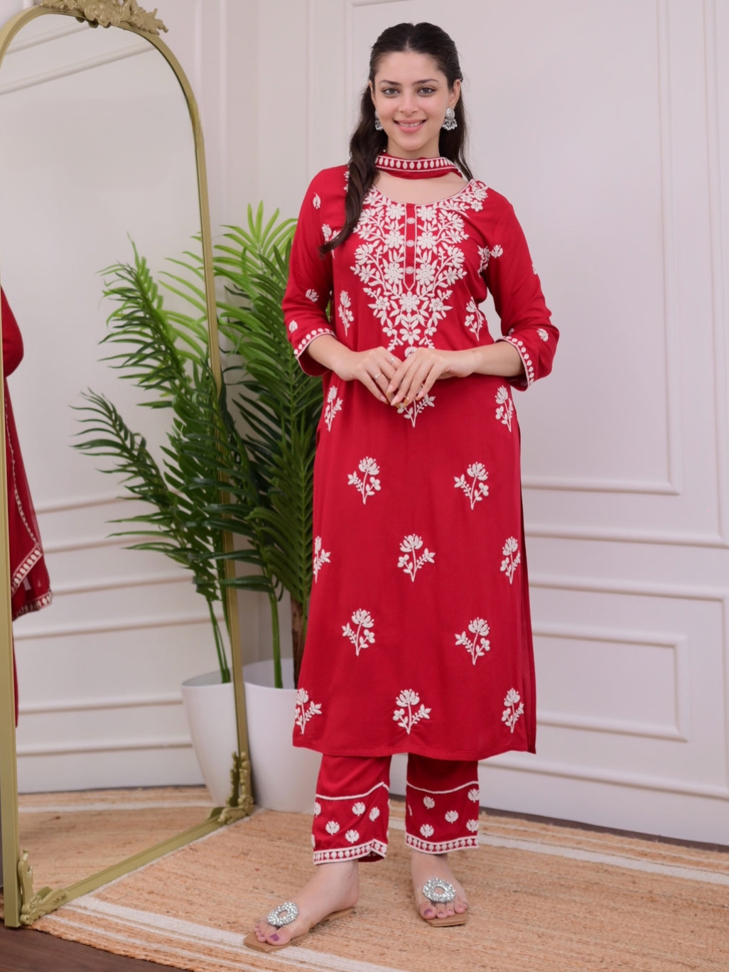 Red Color Lucknowi Chinkari Embroidery White Work Heavy Rayon Kurta Set With Plazo Dupatta