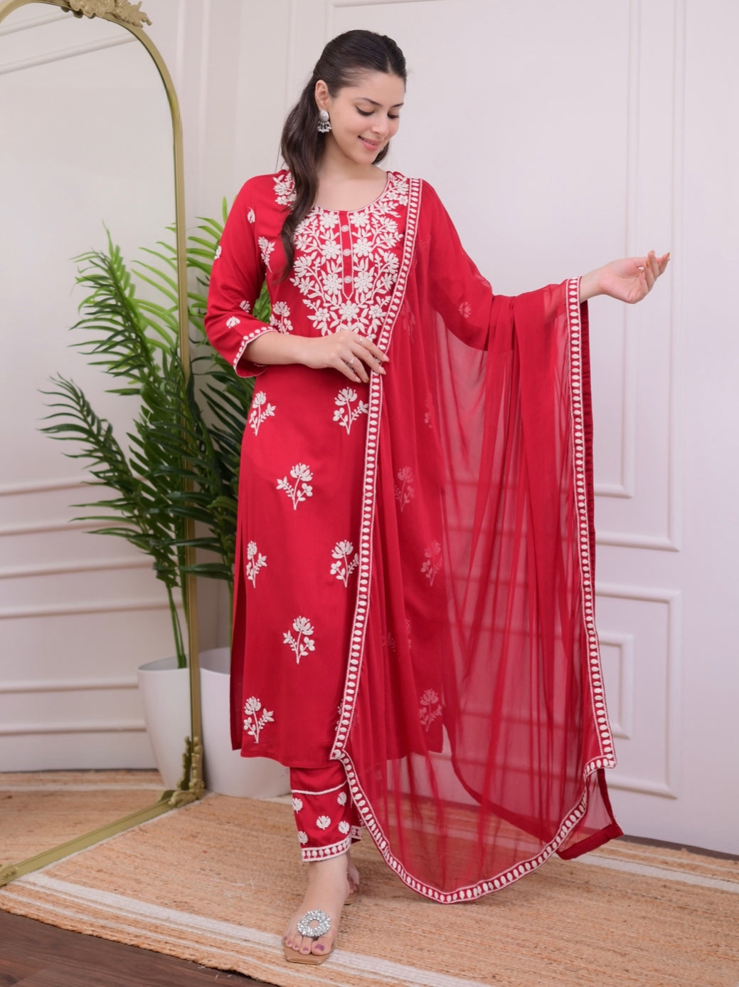 Red Color Lucknowi Chinkari Embroidery White Work Heavy Rayon Kurta Set With Plazo Dupatta