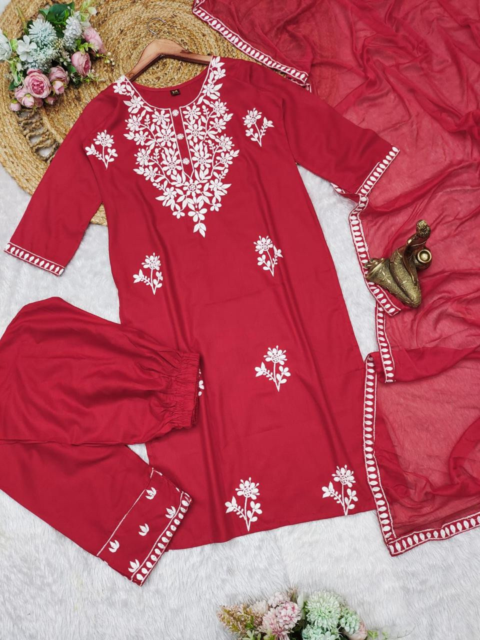 Red Color Lucknowi Chinkari Embroidery White Work Heavy Rayon Kurta Set With Plazo Dupatta