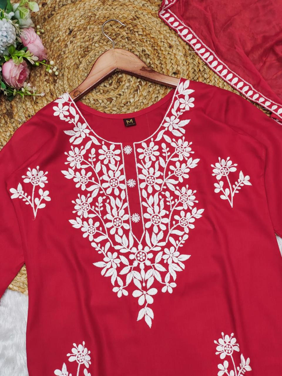 Red Color Lucknowi Chinkari Embroidery White Work Heavy Rayon Kurta Set With Plazo Dupatta