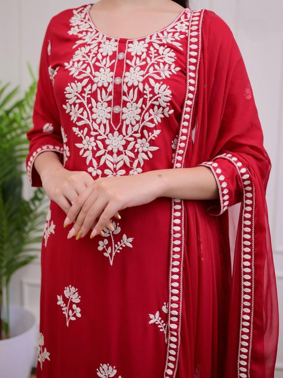 Red Color Lucknowi Chinkari Embroidery White Work Heavy Rayon Kurta Set With Plazo Dupatta