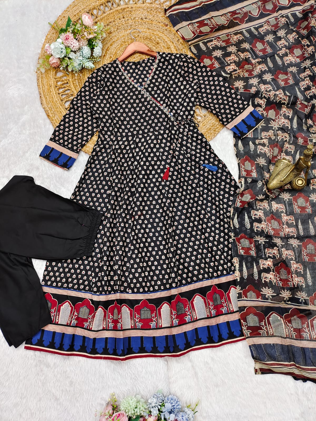 Black Color Heavy Cotton Fully Flaired Anarkali Suit Set With Pant & Block Print Dupatta