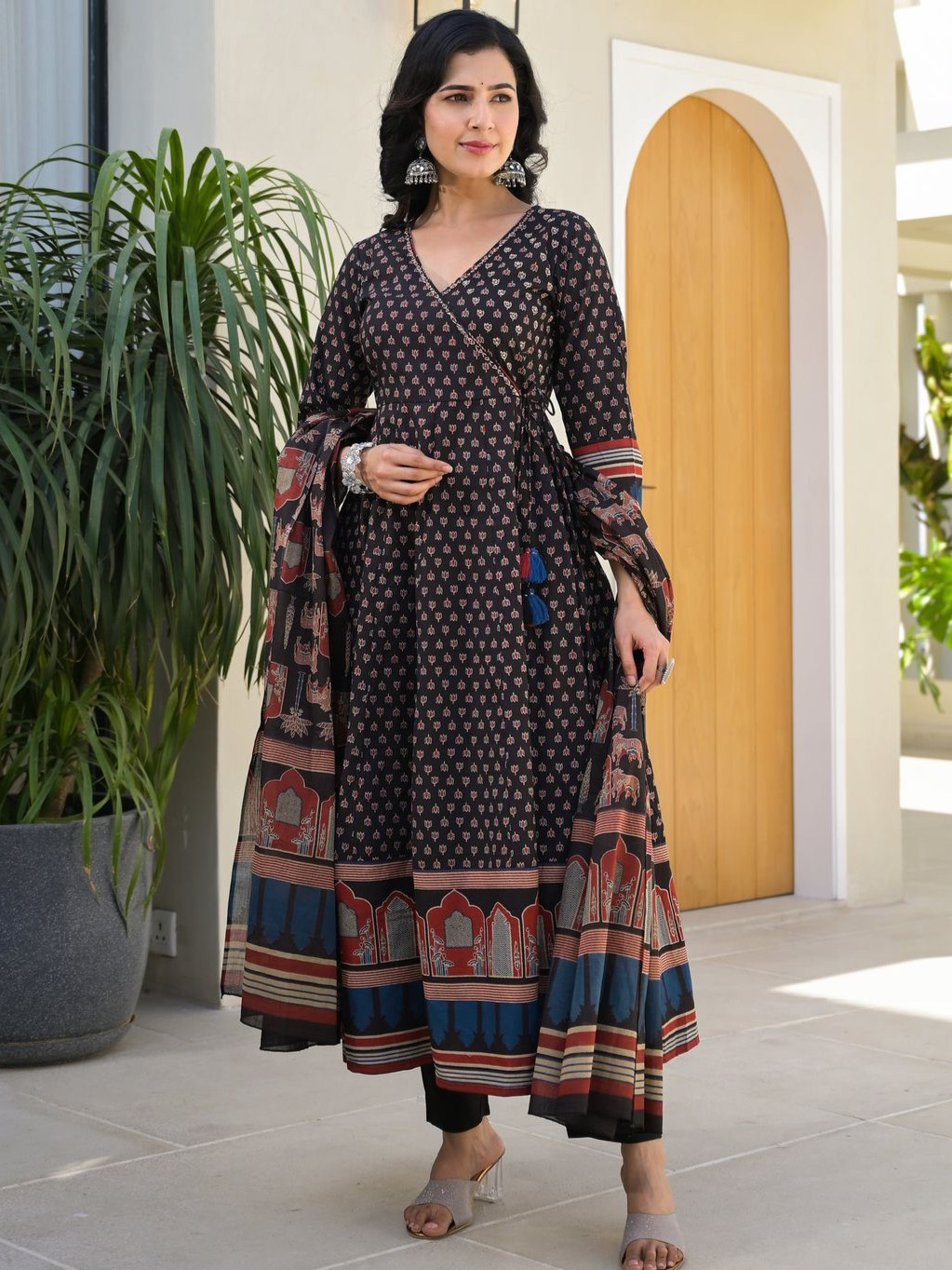 Black Color Heavy Cotton Fully Flaired Anarkali Suit Set With Pant & Block Print Dupatta