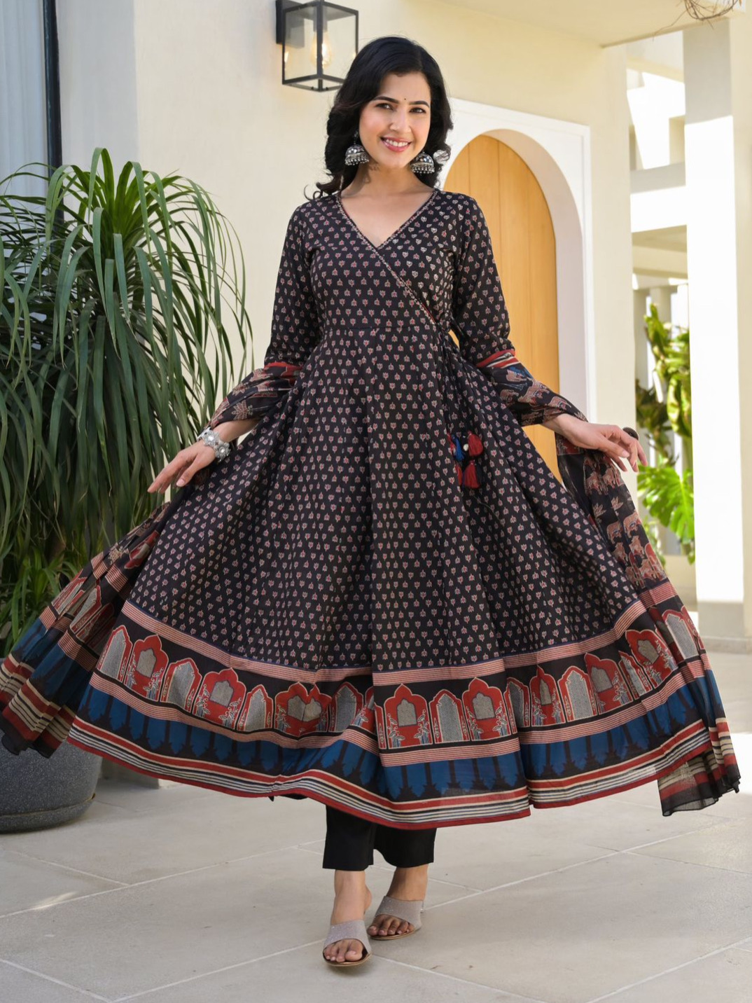 Black Color Heavy Cotton Fully Flaired Anarkali Suit Set With Pant & Block Print Dupatta