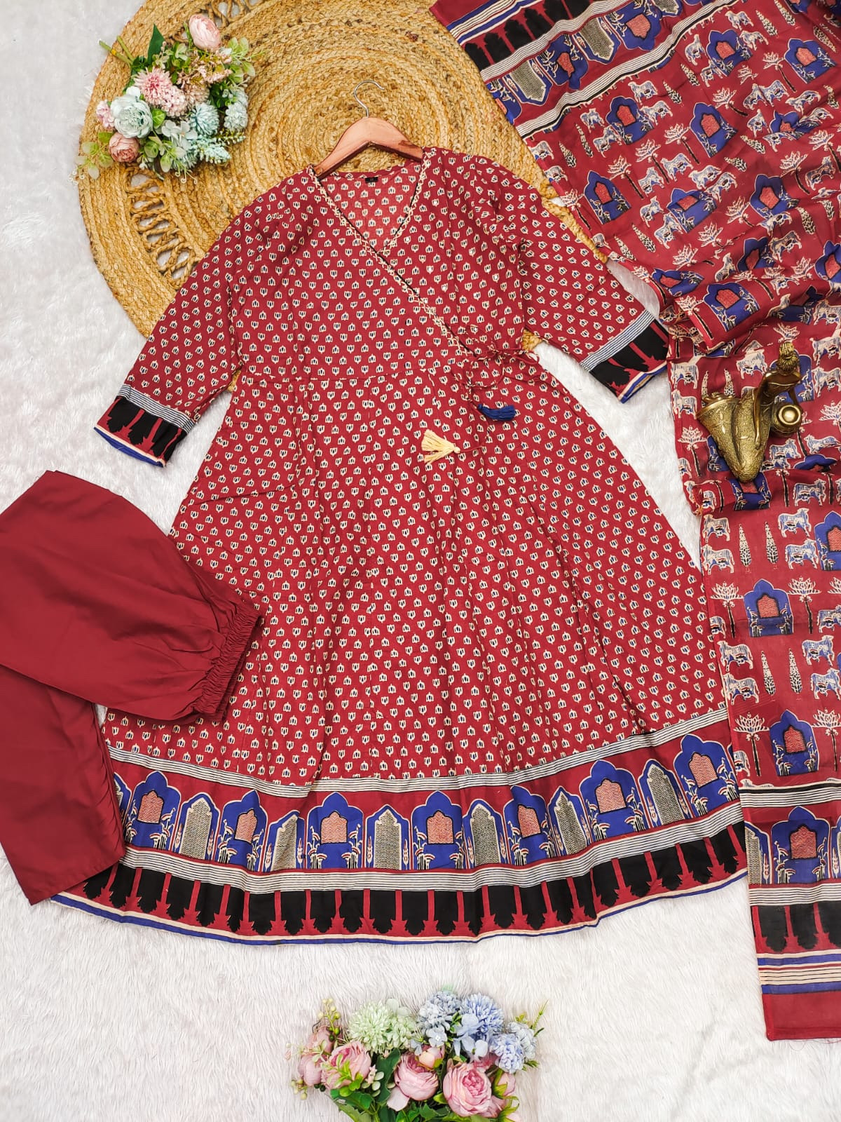 Mehrun Color Heavy Cotton Fully Flaired Anarkali Suit Set With Pant & Block Print Dupatta