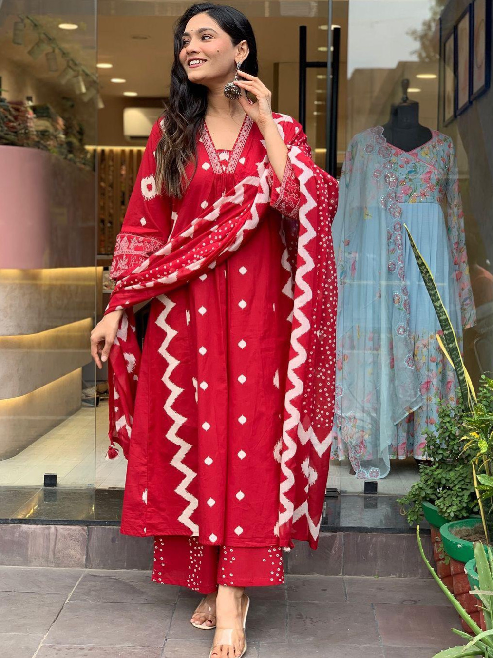 Red Color Heavy Pure Cotton Printed Suit With Matching Pant & Lace Dupatta