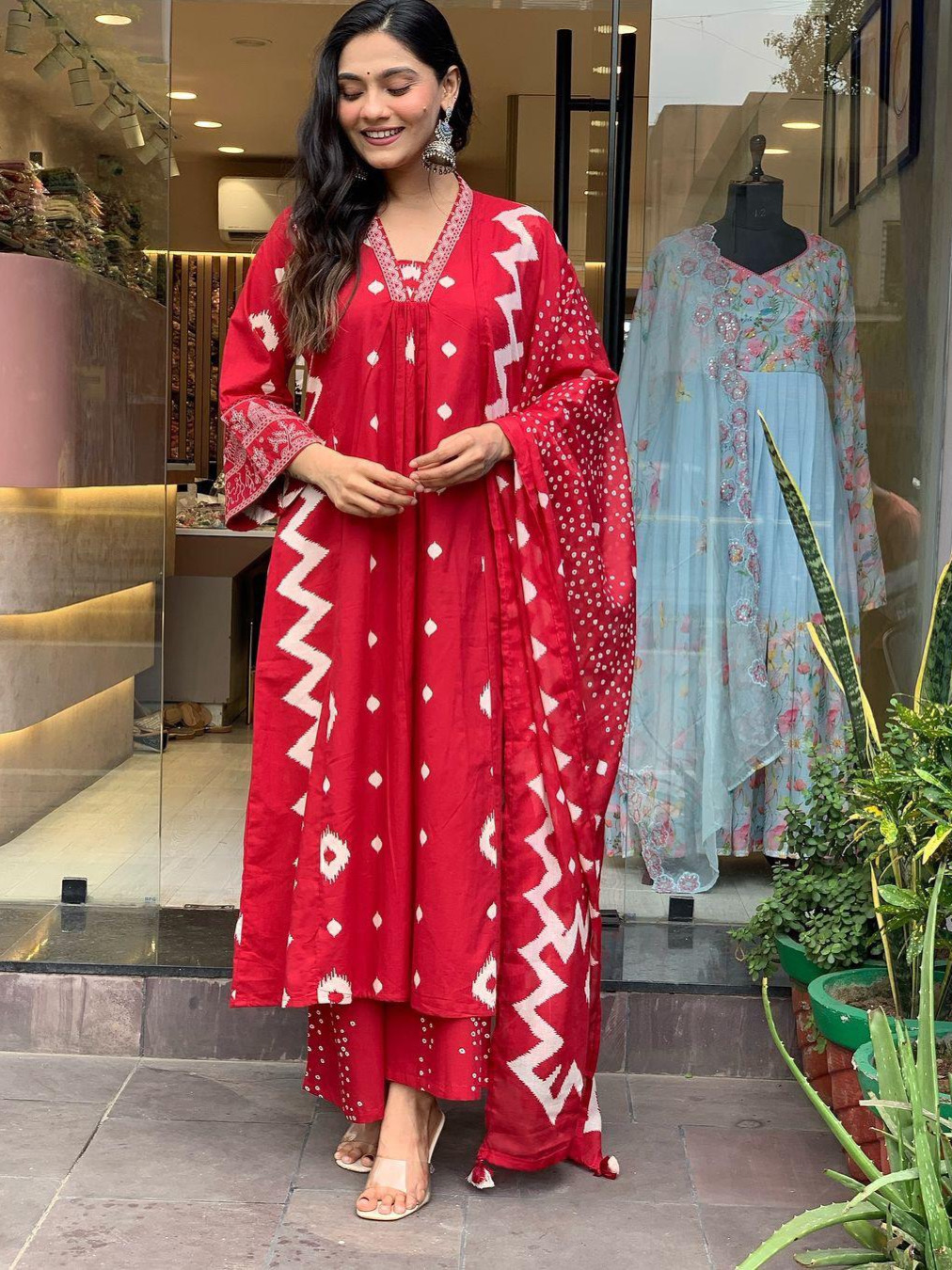 Red Color Heavy Pure Cotton Printed Suit With Matching Pant & Lace Dupatta