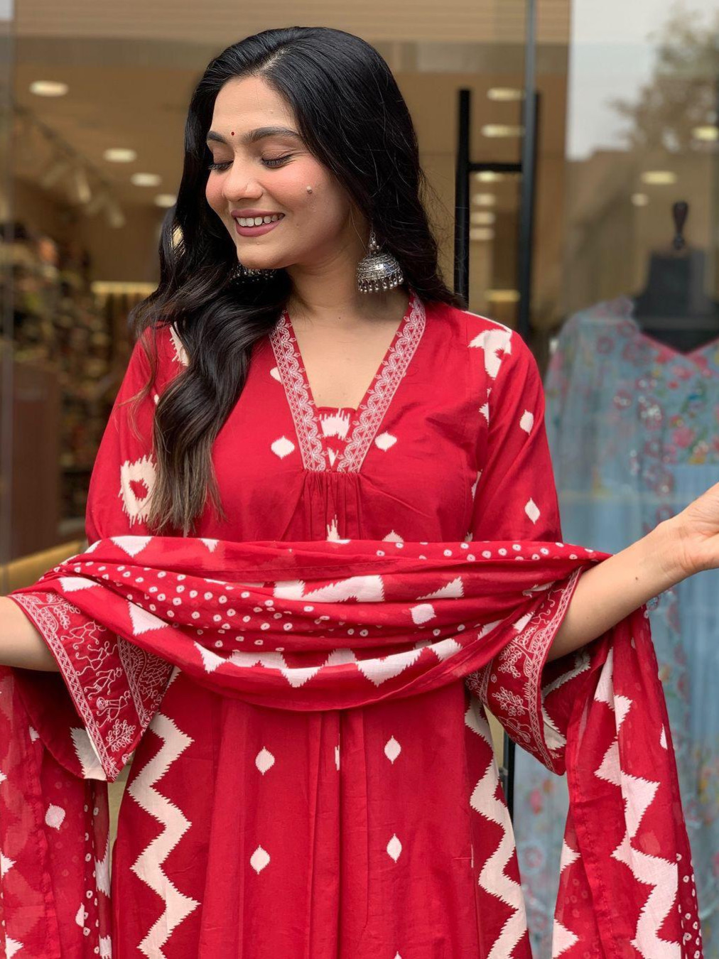 Red Color Heavy Pure Cotton Printed Suit With Matching Pant & Lace Dupatta