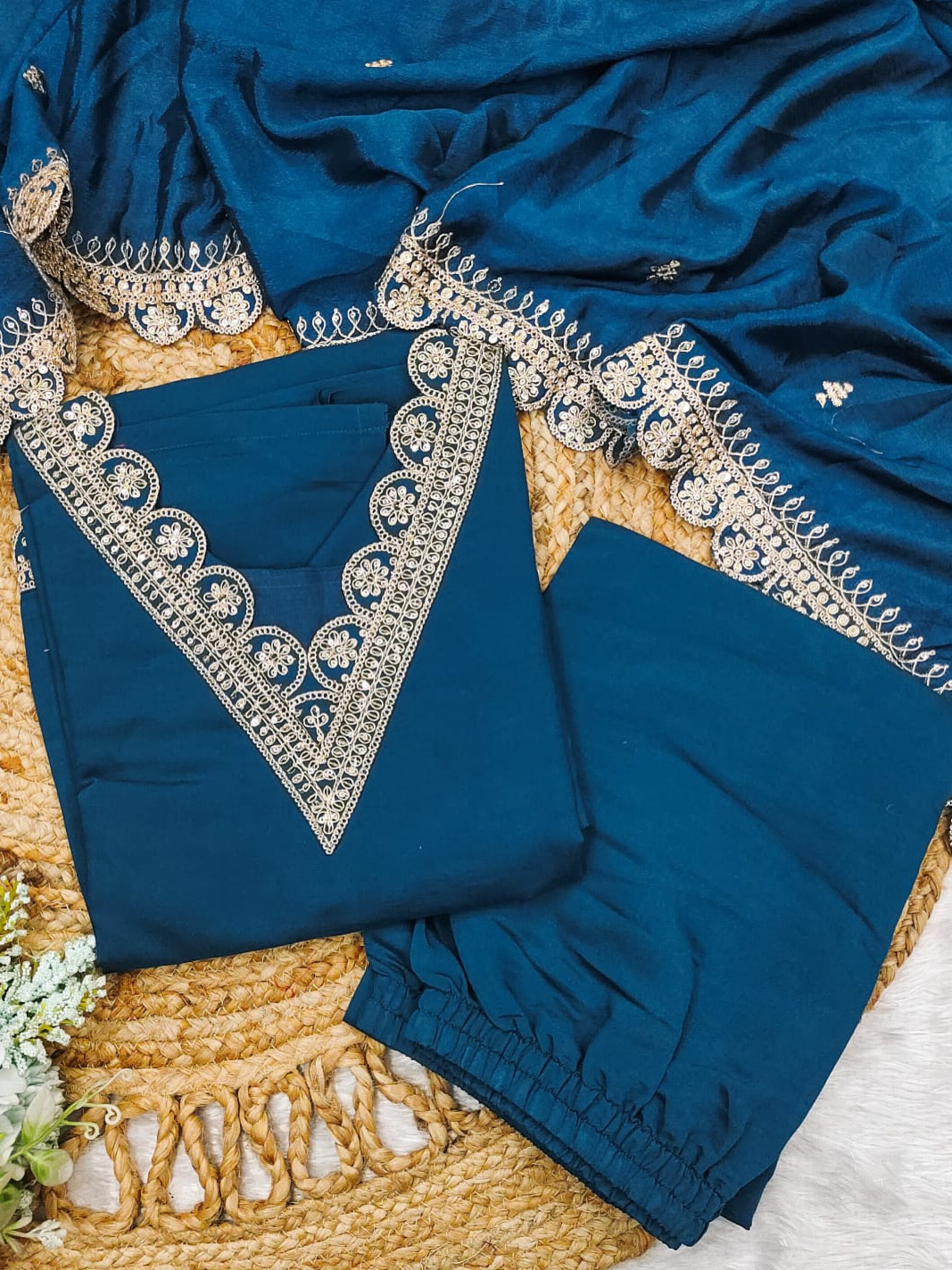 Rama Teal Color Heavy Roman Silk Heavy Sequence Coding Embroidery Work With Plazzo & Heavy Dupatta