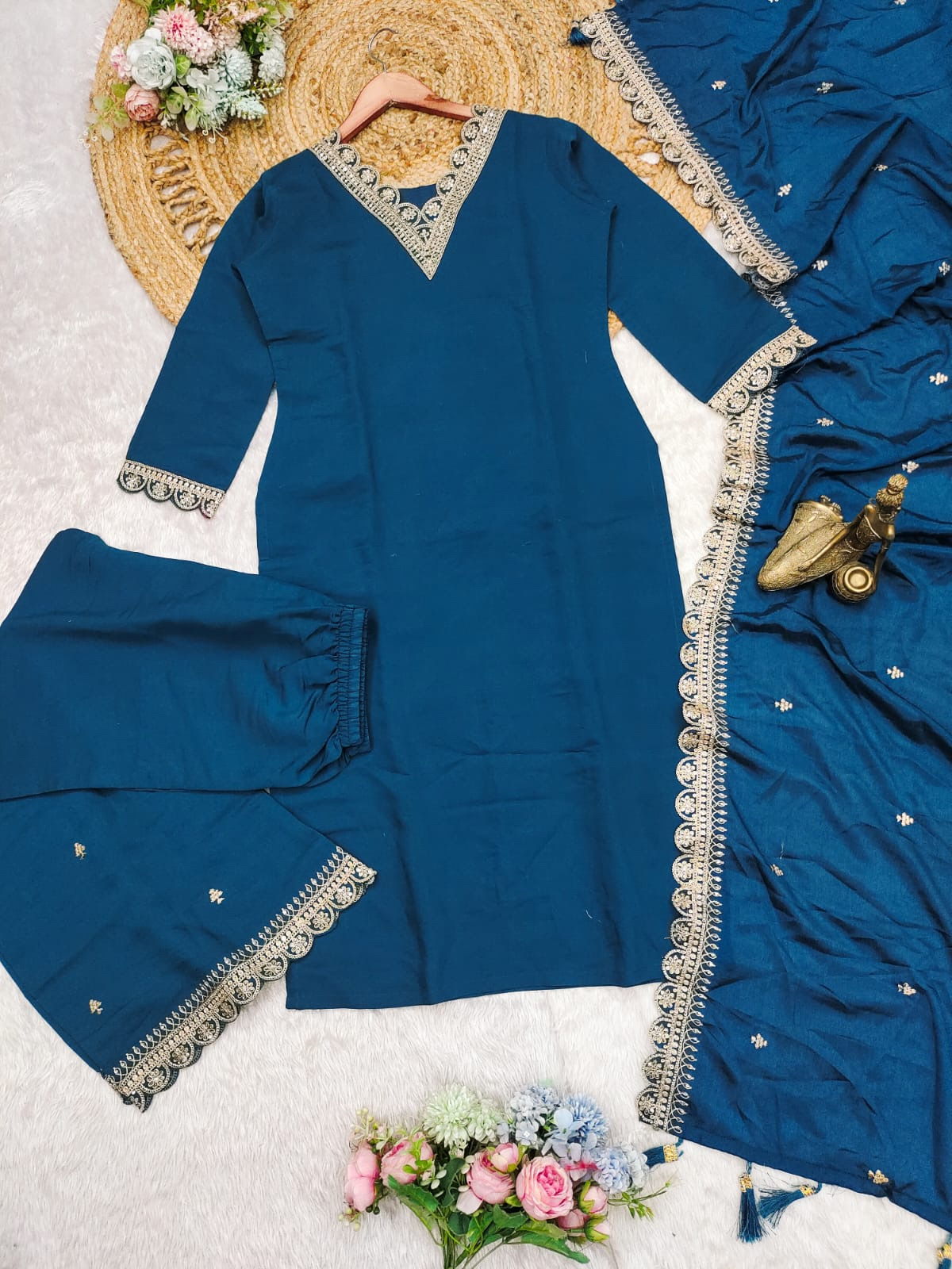 Rama Teal Color Heavy Roman Silk Heavy Sequence Coding Embroidery Work With Plazzo & Heavy Dupatta